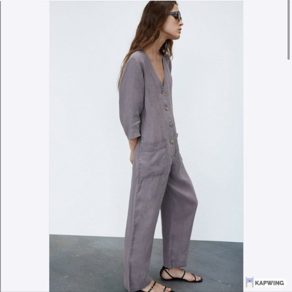 New! Zara The Lillian Gray 100% Linen ButtonFront Jumpsuit Small - Picture 3 of 11